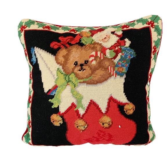 VTG Christmas Bear In Stocking Needlepoint Holiday Throw Pillow Red Velvet 12" - Picture 1 of 6